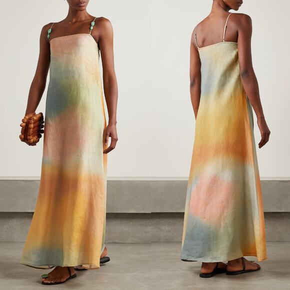 STAUD Dresses & Skirts - Staud Dress Laura Pastel Clouds Tie Dye Beaded Linen Beach Maxi Dress Size M